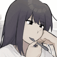 a drawing of a girl with long black hair holding a spoon in her mouth