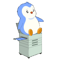 a blue and white penguin is sitting on a printer