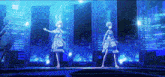 a couple of girls are dancing on a stage with a city in the background