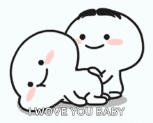 a couple of cartoon characters hugging each other with the words `` i wove you baby '' written below them .