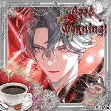 a picture of a man with a cup of coffee and the words good morning on it