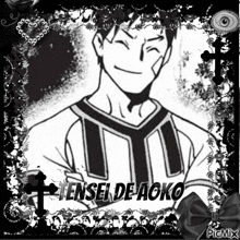 a black and white drawing of a man with a cross in the background .