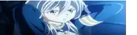 a girl with long white hair and blue eyes is wearing a blue shirt and looking at the camera .