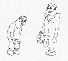 a black and white drawing of two cartoon characters