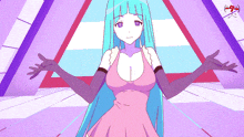 a cartoon girl with blue hair and purple gloves stands in front of a purple triangle