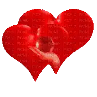 two red hearts on a white background with picmix written in the background