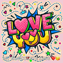 a colorful drawing of the word love with hearts on it