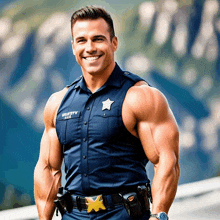 a muscular police officer wearing a shirt that says ' loyalty ' on it