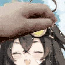 a pixel art of a person holding a donut over a girl 's face .