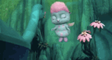 a cartoon character is flying through the air in a forest next to flowers .