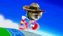 a cartoon character is wearing a sombrero and riding a rollercoaster