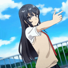 a girl in a school uniform is pointing at the sky