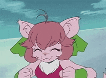 a cartoon character with pink hair and green bows on her ears is smiling and making a fist .