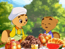 two cartoon characters sit at a table with fruit