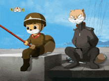 a cartoon of a squirrel and a cat with chinese writing