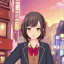 a girl in a school uniform stands in front of a cafe