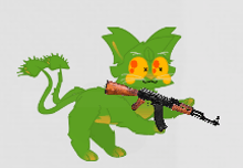 a green cat with yellow eyes is holding an ak47 rifle