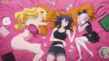 three anime girls laying on a bed with the words ndbs sama on the bottom right
