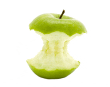 green apple with a bite taken out of it on a white background