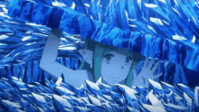 a girl with green hair is standing in a pile of blue ice