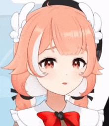 a close up of a pink haired anime girl wearing a red bow tie and a hat .
