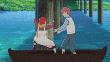a boy and a girl are standing in a boat near a wooden post