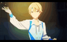 a cartoon character with blonde hair and a blue vest is waving his hand