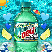 a bottle of mountain dew baja tropical lime blast surrounded by hearts and limes