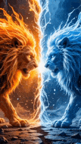 a painting of two lions facing each other with fire and water coming out of their mouths