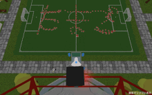 an aerial view of a soccer field with the letters eee written on the field