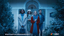a poster for grosse pointe garden society shows a group of people standing in front of a white house