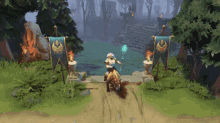 a man riding a horse in a video game with a banner that says ' warriors ' on it