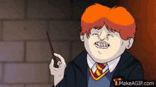a cartoon of ron weasley is holding a wand