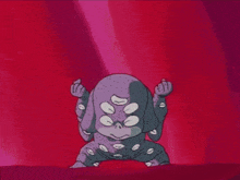 a cartoon character is standing in front of a red background