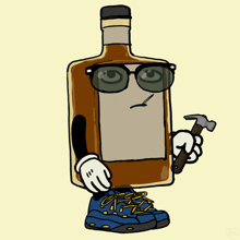 a cartoon drawing of a bottle holding a hammer and wearing sunglasses
