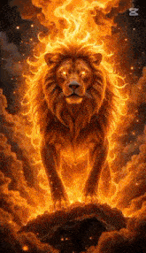 a lion is standing on top of a rock surrounded by flames and clouds .