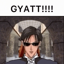a cartoon of a man wearing sunglasses and a tuxedo with the words gyatt !!! below him .