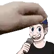 a cartoon man is holding a microphone and smiling while a hand is reaching for his head .