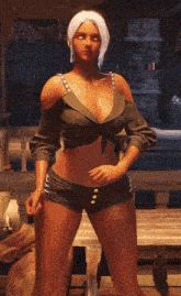 a woman in a crop top and shorts is standing with her arms outstretched