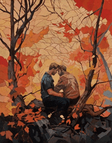 a painting of two men sitting on a rock with trees in the background