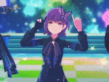 a girl with purple hair and a butterfly in her hair is dancing on a stage in a video game .