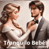 a cartoon of a bride and groom with tranquilo bebé written on the bottom right