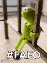 kermit the frog is sitting on a railing holding onto a railing and saying # fafo .