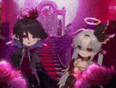 a vampire and an angel are standing next to each other in front of a staircase