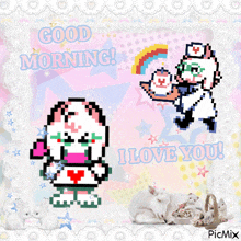 a pixel art greeting card that says " good morning " and " i love you "