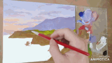 a person is painting a landscape with a red pencil and the words made in animotica on the bottom