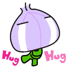 a cartoon drawing of a purple mushroom with the words hug hug written below it
