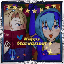 a couple of anime characters with the words happy stargazing