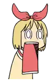 a cartoon of a girl with a red bow on her head covering her mouth with a towel .