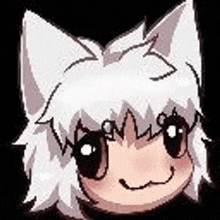 a close up of a cartoon character with white hair and cat ears on a black background .